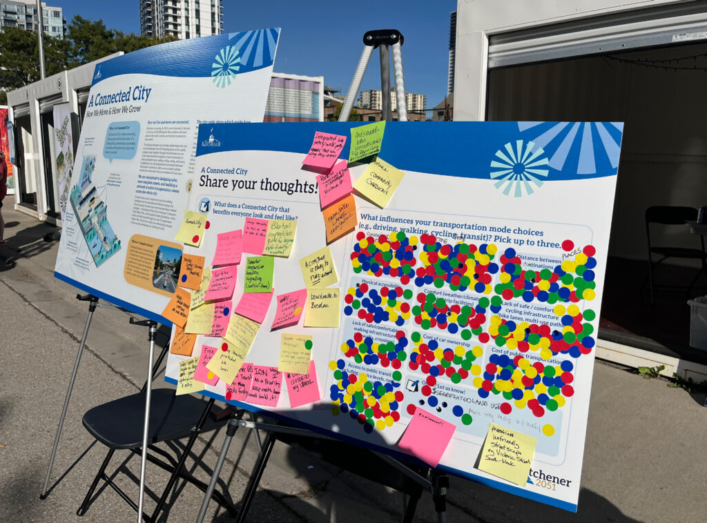 Three panel boards from the A Connected City interactive display at the Block Party engagement event. One board showing information, one board filled with sticky notes and messaging from participants, and one board asking questions filled with different coloured stickers.